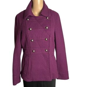 H&M steampunk jacket women 10, pea coat ,wool blend ,military style,burgundy